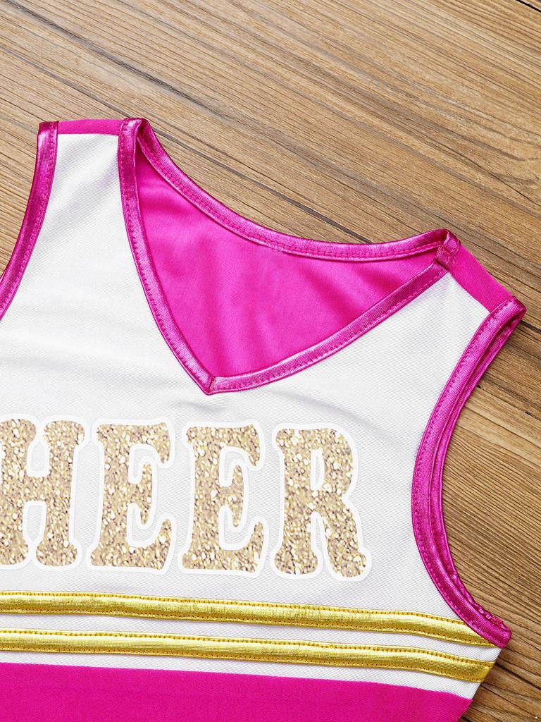 Детский танцевальный комплект Черлидинга для девочек, укороченный топ без рукавов с v-образным вырезом и буквенным принтом, юбка и 1 пара цветочных шариков с кисточками