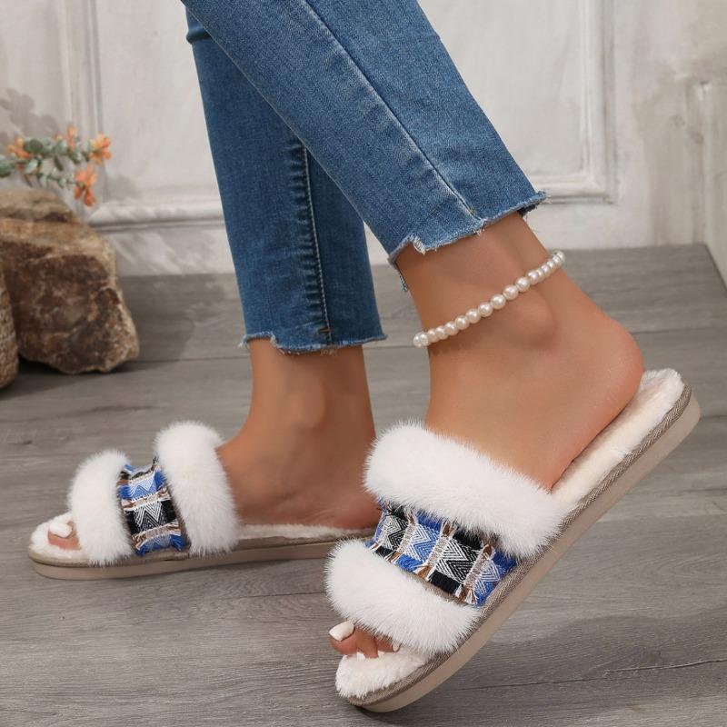 Fashion 2024 French Winter Ladies Slippers Non-slip Comfortable Flat Women Shoes Home Warm Women Fur Slippers Versatile Zapatos De Mujer