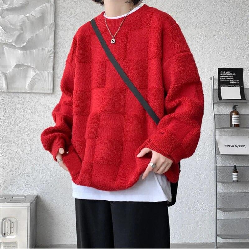 American Style Towel Check Design Fashion Sweater Coat Men's Fall Winter Casual Loose Pullover Unisex Sweater Streetwear
