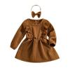 Осеннее милое платье для маленьких девочек, однотонное жаккардовое платье-туника с длинными рукавами и круглым вырезом + повязка на голову с бантом