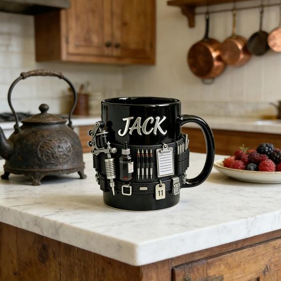 Personalized Tattoo Artist Mug 3D Tool Belt Coffee Cup with Tattoo Machines Details Industrial Steampunk Style Drinking Cup Gift for Artists