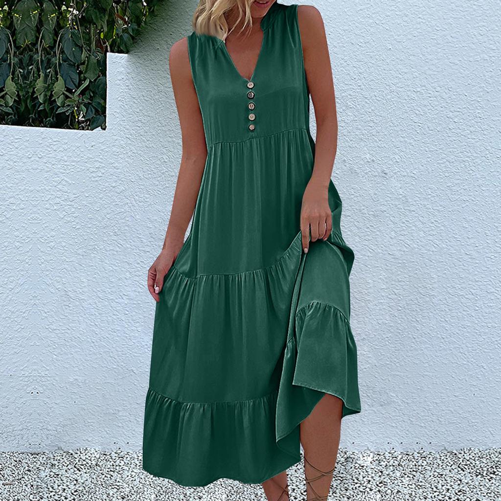Women's Fashion Sleeveless Pleated Loose V-Neck Mid-Length Solid Colour Dresses
