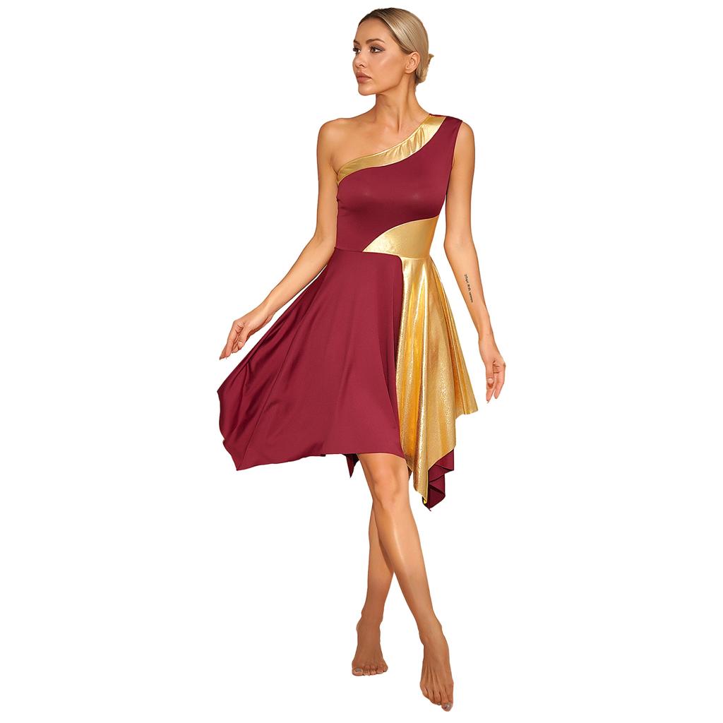 Womens Metallic Worship Praise Dance Dress Color Block One Shoulder Irregular Hem Sleeveless Dresses Dancewear Performance Costume