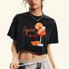 Lemon Red Wine Printed Female Washed T Shirts Summer Cotton Crop Top Casual Clothes Retro Fitness Slim T-Shirt