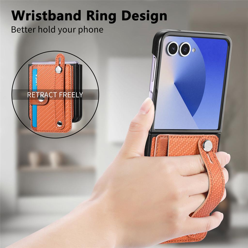 Чехол для Samsung Galaxy Z Flip7 5G Кожаный чехол на заднюю панель телефона с текстурой углеродного волокна с держателем для карт