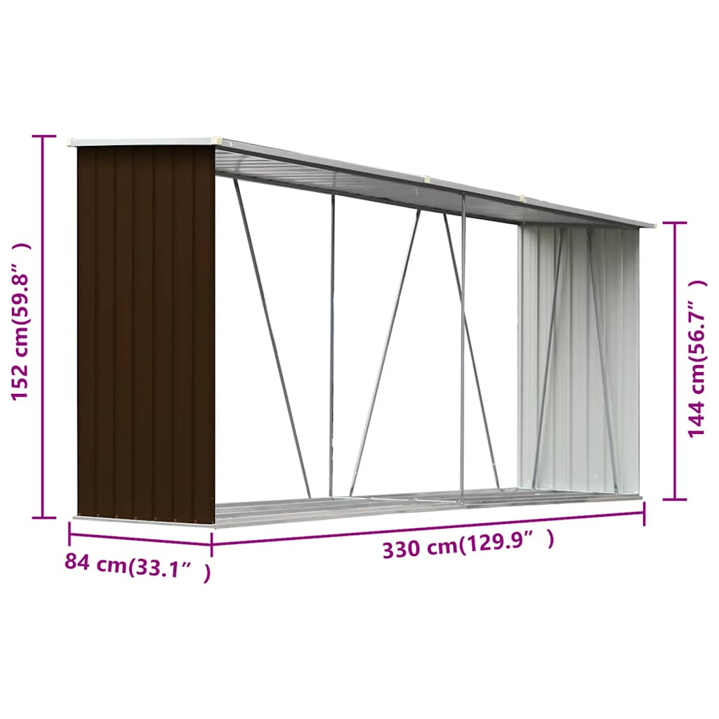 Firewood Storage Shed Galvanized Steel 330 x 84 x 152 cm Brown