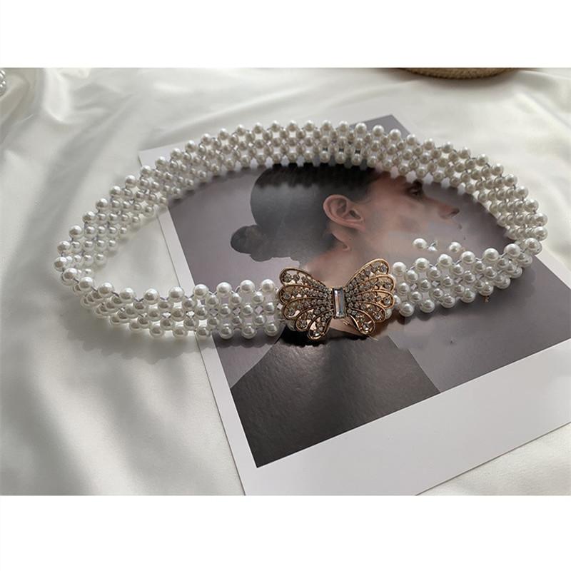 Beautiful Pearl Belts Fashionable White Beaded Pearl Ornament Belt Strong Elastic Cord Belts Woman's Dress Belts