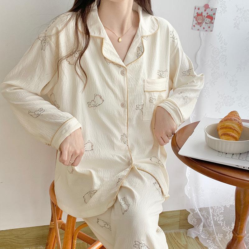 Пижамный комплект из хлопка «Облако» для женщин: Кардиган свободного кроя с длинным рукавом и милыми лацканами в студенческом стиле на весну и осень