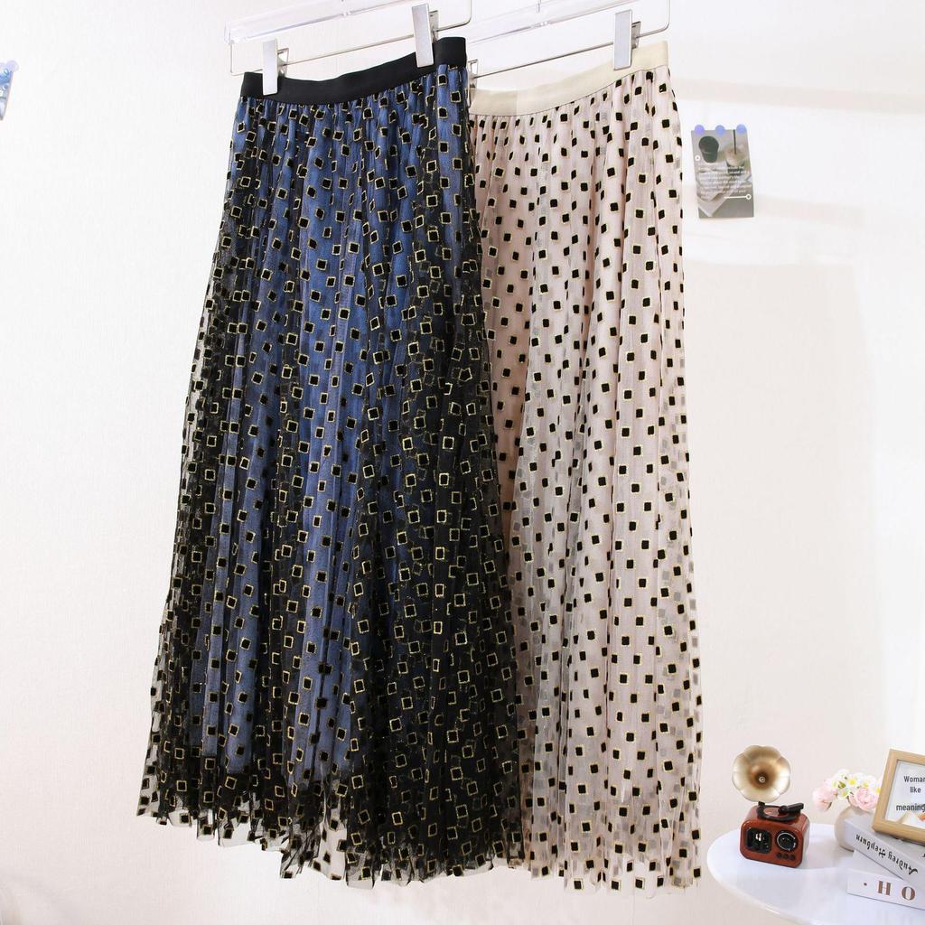 Women's Flocked Mesh Gauze High Waist Skirt - Spring/Autumn 2025 Mid-Length Cake Skirt