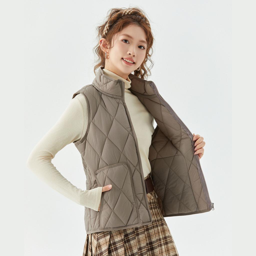 Women's Spring and Autumn Zipper Women Down Cotton Vest Light External Wear Double-sided Warm Stand-up Collar Vest Fashionable and Warm