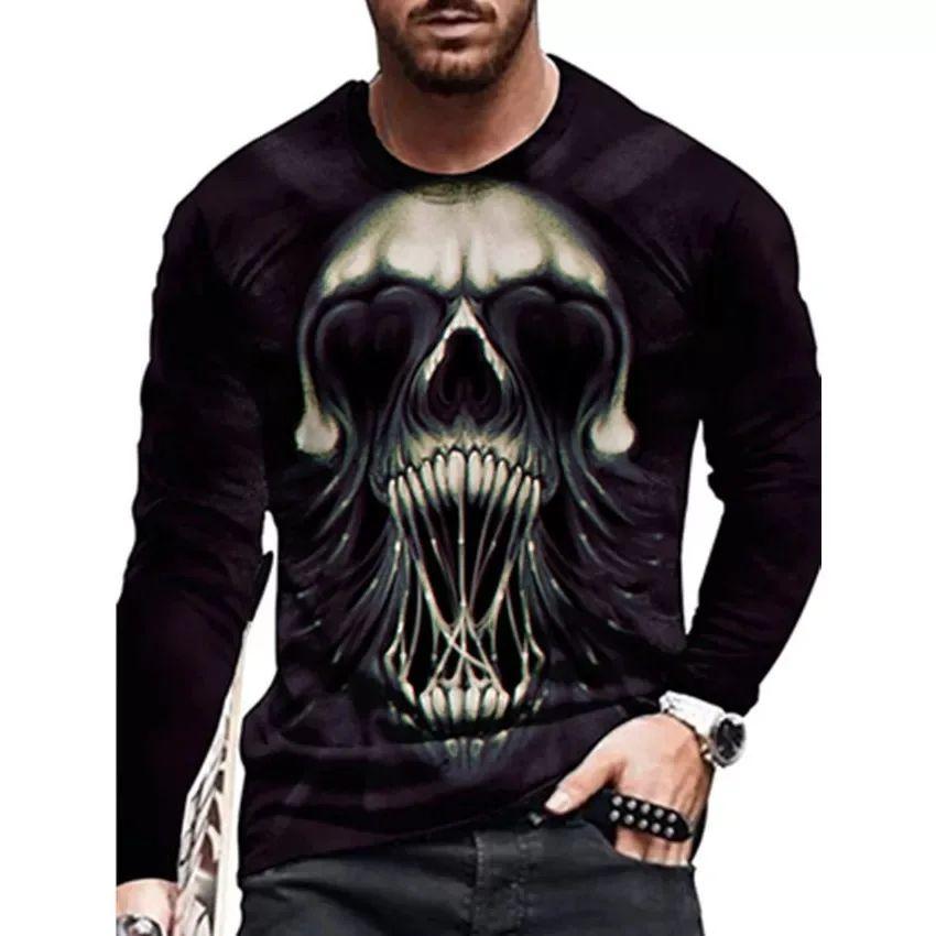 Spring and Autumn Horror Skull Pattern 3d Printed O-Collar Long Sleeve Loose Vintage Printed Men's T-shirts