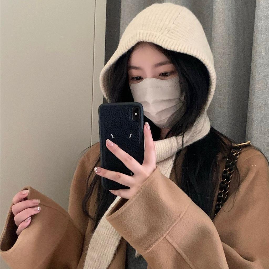 Korean New Balaclava Hat for Women In Autumn and Winter Warm Ear Protection Woolen Hat Scarf One Piece Knitted Lei Feng Hat