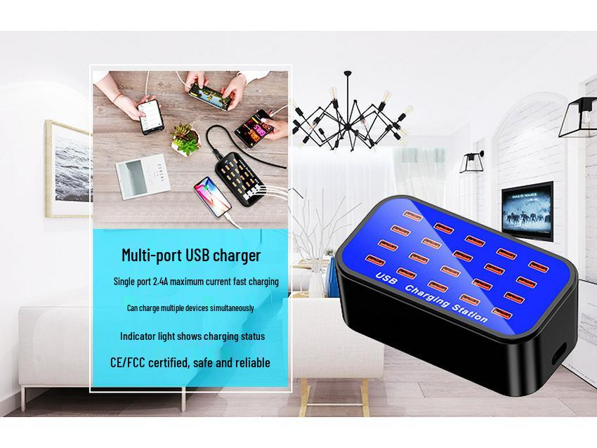 20-Port High-Power Mobile Charger: 5V/2A, 100W Desktop Station