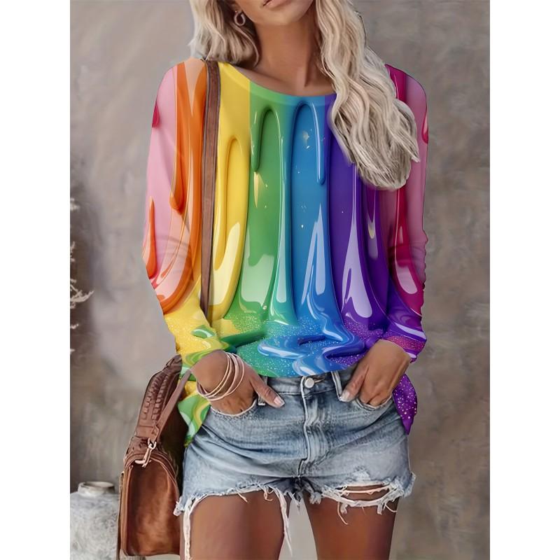 Abstract Tie-Dye 3D Digital Print Loose Fit Womens Crew Neck Long Sleeve T-Shirt Casual Comfort Top