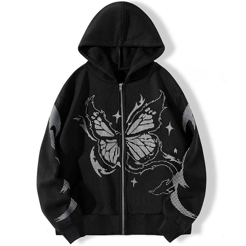 Y2K - Matrix Butterfly Print Zip-Up Hoodie Mens Oversized Casual Sweatshirt