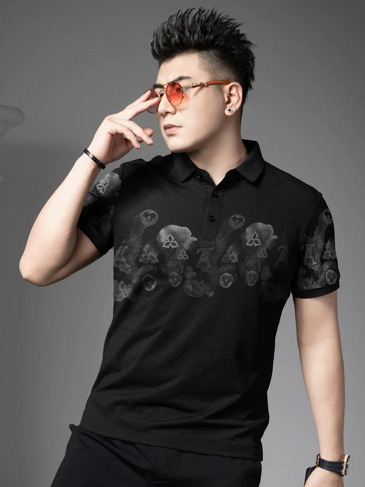 European Goods 2025 Summer New Style Lapel Short-Sleeved T-Shirt Men's Trendy Brand Printed Slim-Fit Top Men's Polo Shirt