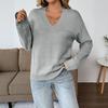 New Autumn and Winter Casual and Laid-back Style Knitted Sweater, Loose Striped Deep V-neck Solid Color Sweater for Women