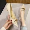 Kitten and Single Shoes Niche Square Buckle Pointed Head Thin Heel Light Mouth Single Shoes Female Sexy Soft Leather Middle Heel G312-17