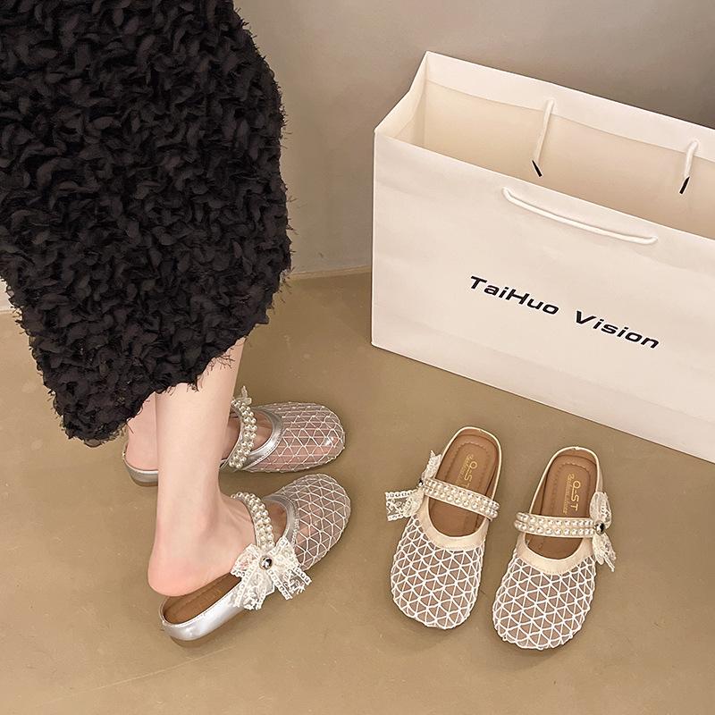 Flat-bottomed Bag Head Half Slippers Women's Summer Outer Wear 2025 New One-pedal Mesh Single Shoes Cool Slippers