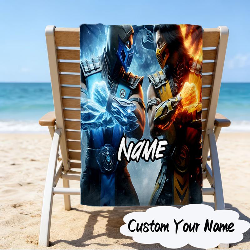Custom Name Thunderous Warrior's Kombat Microfiber Beach Towel Super Soft & Absorbent for Bath, Beach, Travel Bath Time Accessory, Fan gifts