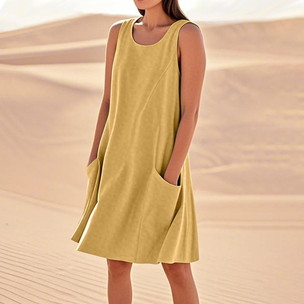 Летние платья для женщин, свободные пляжные повседневные сарафаны без рукавов с карманами, платье-майка