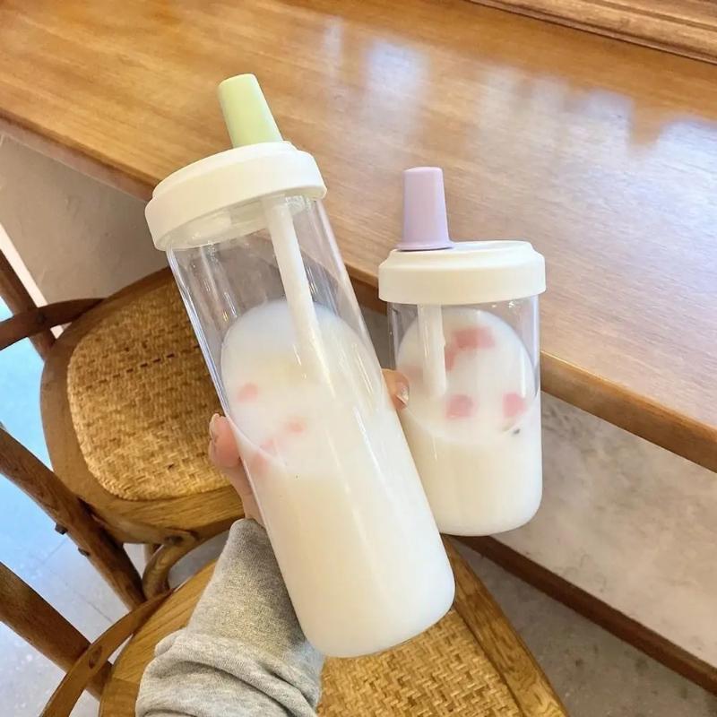 500/850ml Water Bottles Straw Cup Juice Milk Plastic Cup with Lid Straw Bubble Tea Coffee Cups Large Capacity Drinkware Cup Simple Portable Cup
