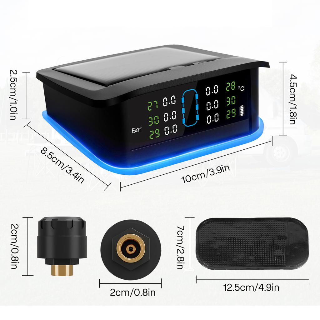 Tire Pressure Monitoring System, Solar Tire Pressure Monitor with 6 External Sensors, Ambient Light, Real time Display