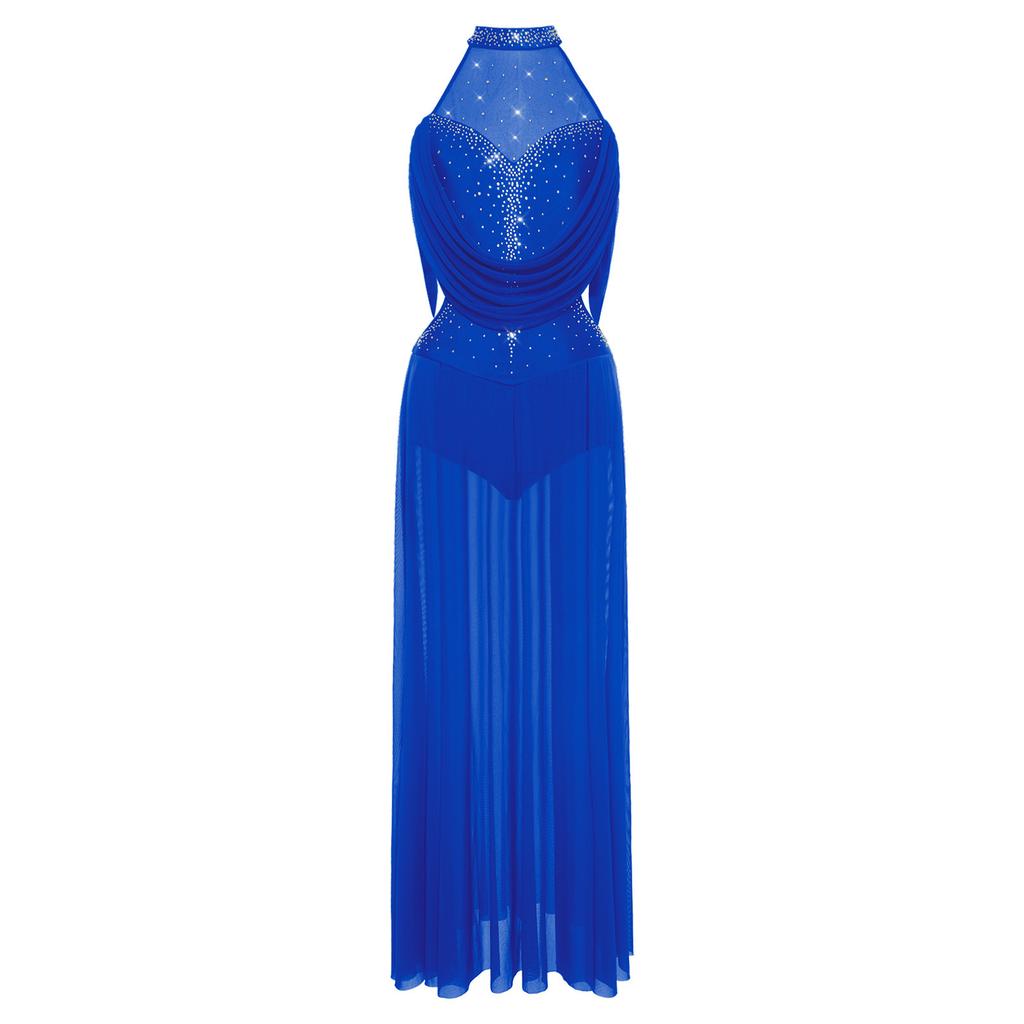 Womens Sparkly Rhinestones Halter Sleeveless Backless Maxi Long Dress Built In Briefs Dance Costume