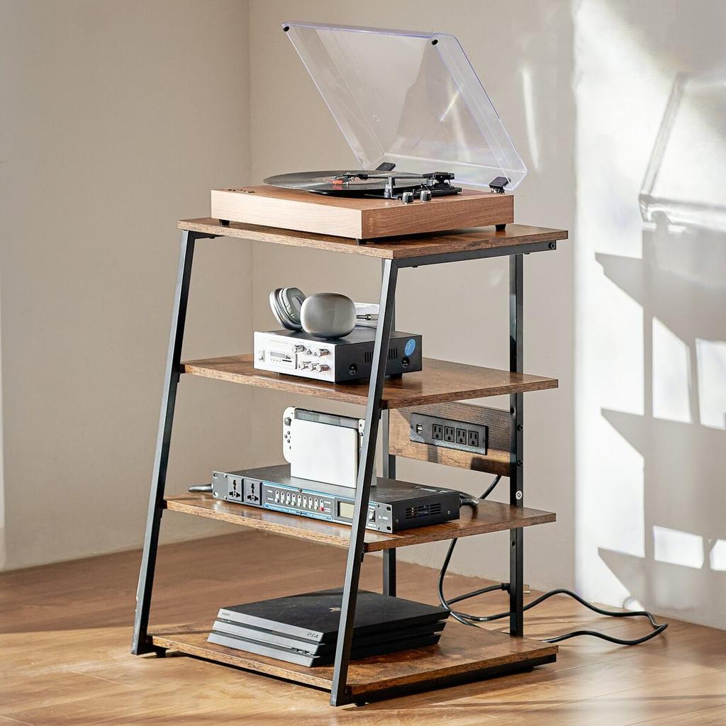 4-Tier AV Media Stand with Power Strips Wooden Corner TV Stand with LED
