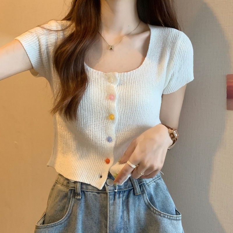 Элегантный и тонкий квадратный вырез, радужная однобортная рубашка, летний свитер с короткими рукавами, футболка с короткими рукавами