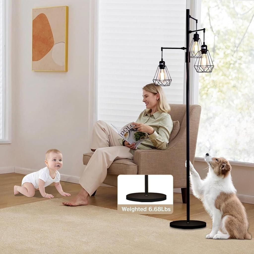 Industrial Tree Floor Lamp, Stepless Dimming, Adjustable Cage Shades, Weighted Base, Vintage Standing Light with 3 Edison Bulbs