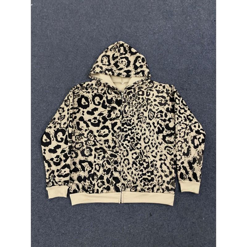 Женская объемная толстовка с капюшоном на молнии с леопардовым принтом Streetwear Повседневная кофта с длинным рукавом