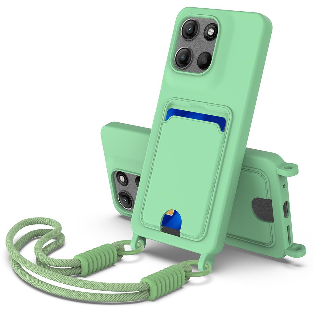 For Motorola Moto G15 Power 4G/G15 4G Liquid Silicone Case Phone Back Cover with Card Holder and Short Strap