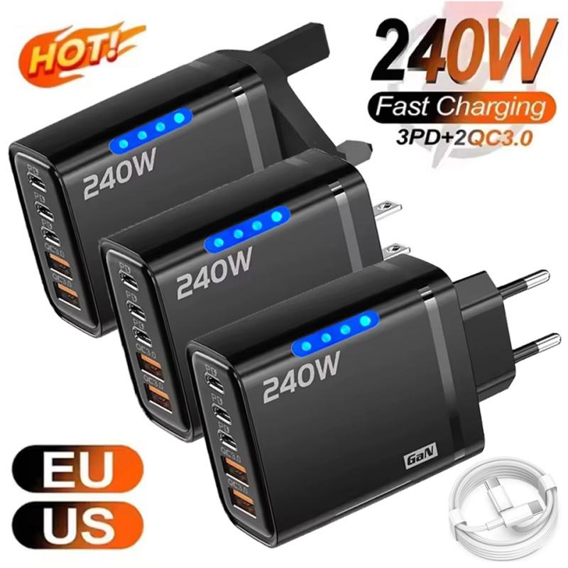 5-в-1 GaN USB C Настольное зарядное устройство 240 Вт Быстрая зарядка Адаптер для телефона Тип C Кабель Для iPhone Samsung Xiaomi EU/US/UK Штекер Зарядное устройство