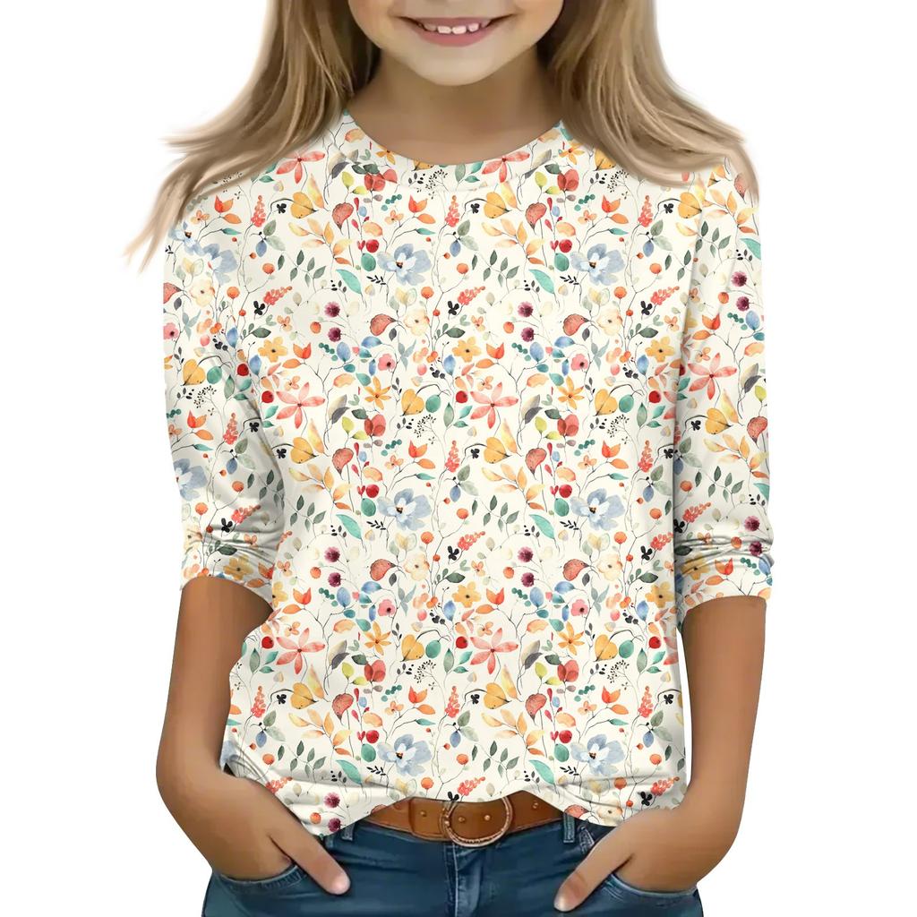 Print Tops For Youth Girls 5-16 Years Round Neck 3/4 Sleeves T-Shirts Trendy Tops Outfit Tees