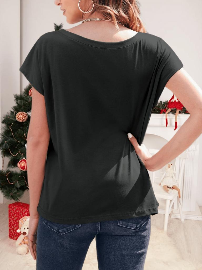 Women's Boat Neck Cap Sleeve Top Loose Fit Lightweight Basic Casual Tee
