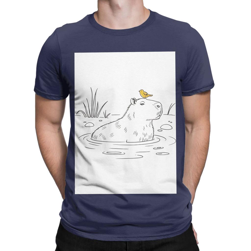 Minimalist Capybara Bird Design Cute and Relaxing Artwork Funny 100 Cotton TShirt capybara Tops Tees For Unisex