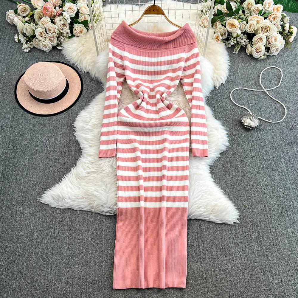Платье-футляр с открытыми плечами Falda Sexy Mujer Slash Neck Striped Color Block Slim Knitted Bodycon Dress Autumn Wrapped Dresses ChicDresses