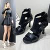 2024 Summer New Women's Fashion Belt Buckle Hollowing Out High Heels Rear Zipper Exposed Toe Slender Heel Rome Sandals