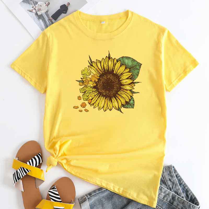 Summer Round Neck Sunflower Pattern Printed Top Fashionable Casual Short Sleeved Women's Pure Cotton T-shirts