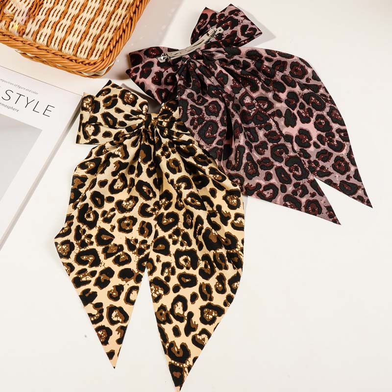 Vintage Leopard Print Ribbon Hairpin  for Women Girls Elegant Large Bowknot Solid Satin Spring Clamp Barette Hair Accessories