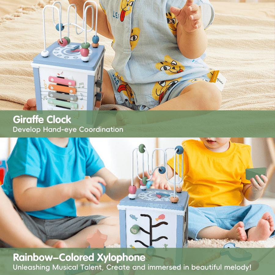 Деревянный развивающий куб, Развивающий куб 5 в 1, Многофункциональный сундук с сокровищами, Развивающие игрушки, Сортировка по форме, Пирамидка, Ксилофон, Пасхальные подарки