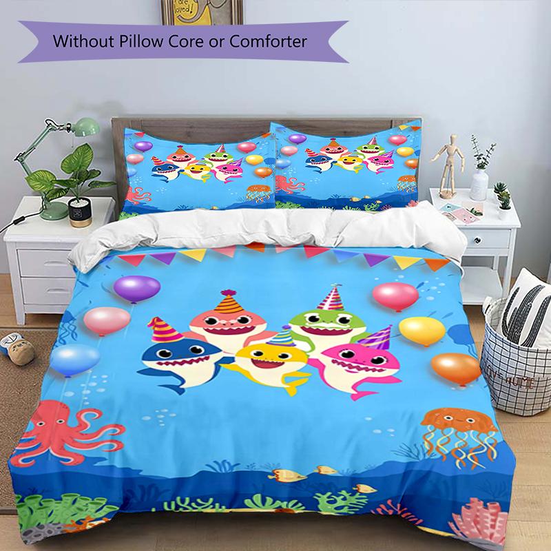 3pcs Pinkfong Shark (3) Design Cover Set - HD Printed Bedding with 1 Cover and 2 Pillowcases - Perfect for Home and Dorm Decor