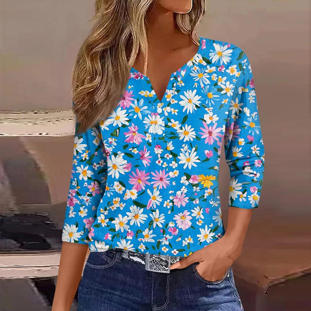 Женский свободный повседневный топ с цветочным принтом и V-образным вырезом с рукавами семь четвертей Топ с V-образным вырезом и рукавами семь четвертей