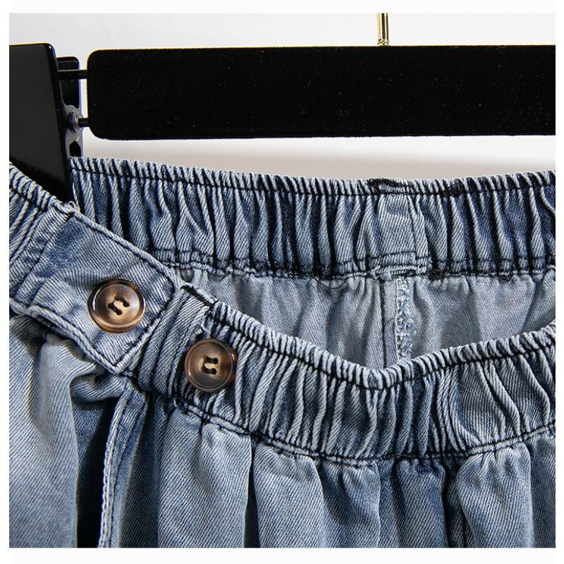 Весна Осень Новые джинсы с эластичной талией женские большие размеры модные шаровары с двойным карманом универсальные свободные брюки длиной до щиколотки