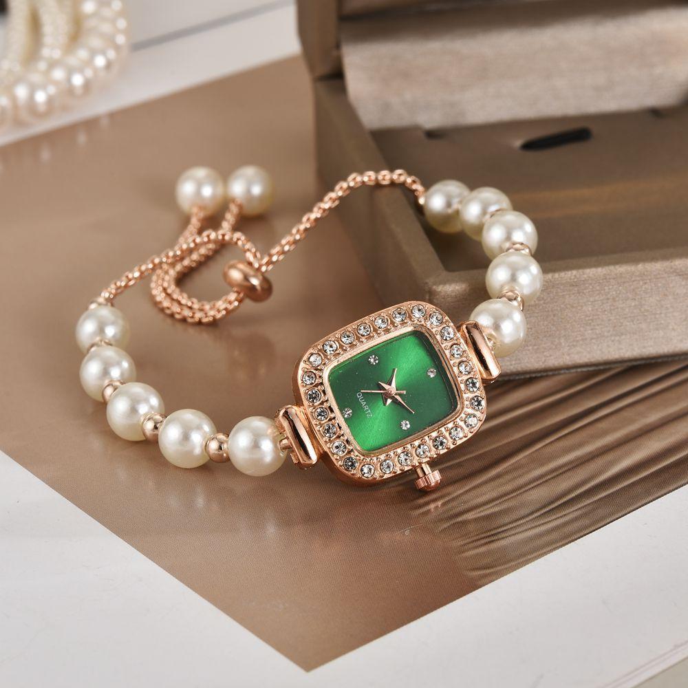 Модные женские часы с жемчужным ремешком, бриллиантовым квадратным циферблатом, браслет с регулировкой, женский подарок, кварцевые часы