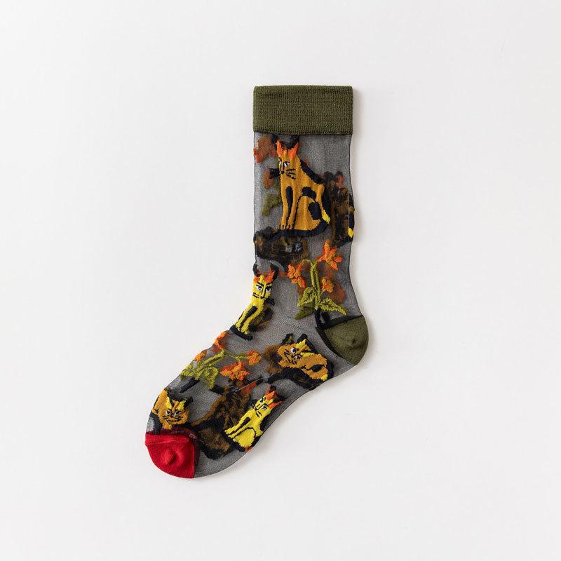 1 пара ультратонких прозрачных шелковых носков с хрустальным стеклом, женские креативные носки в стиле Харадзюку с цветочным рисунком котенка, мягкие эластичные кружевные прозрачные носки для девочек