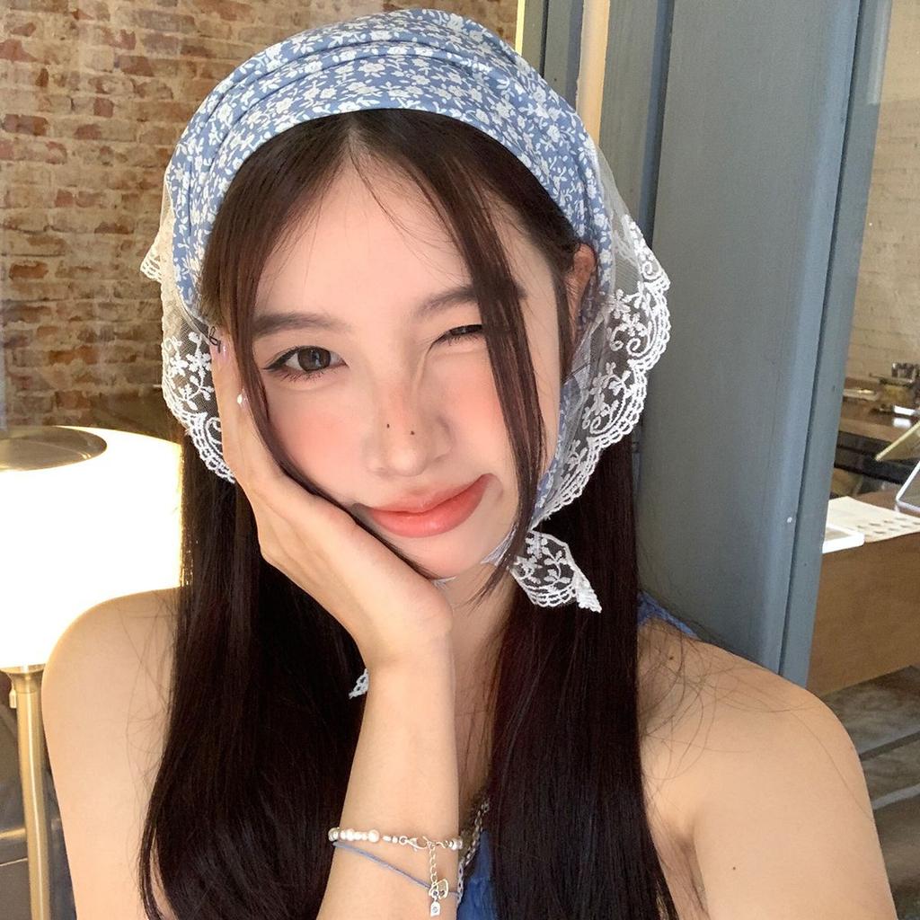 Summer Ins Lace Vintage Triangular Scarf Women Floral Print Sweet Headscarf Trend Elegant Headwear Girl Y2K Jewelry Accessories