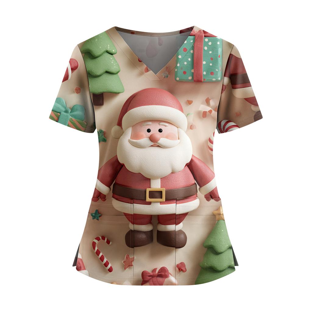 Women's Christmas Print V-Neck Double Pocket Short Sleeves Hem Slit Uniform And Caregiver Top