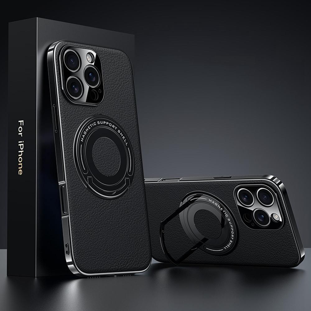 For iPhone 16 Pro Case Compatible with MagSafe Leather TPU Back Cover with Hidden Kickstand